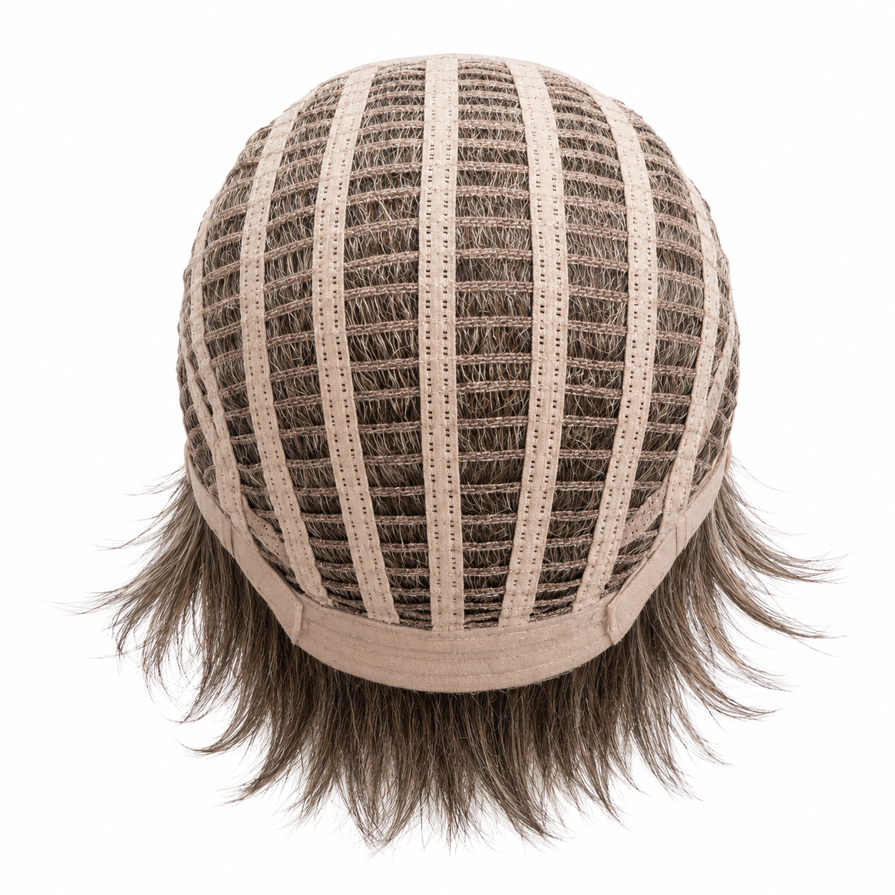 Interior view of Asha synthetic wig showing the breathable open-cap construction and adjustable straps.