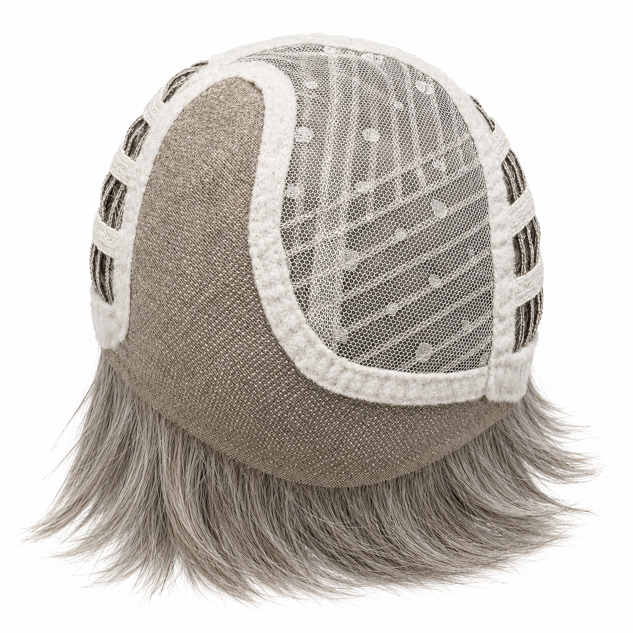 Interior view of Asha synthetic wig cap featuring lace front, mono part, and open-wefted back construction.