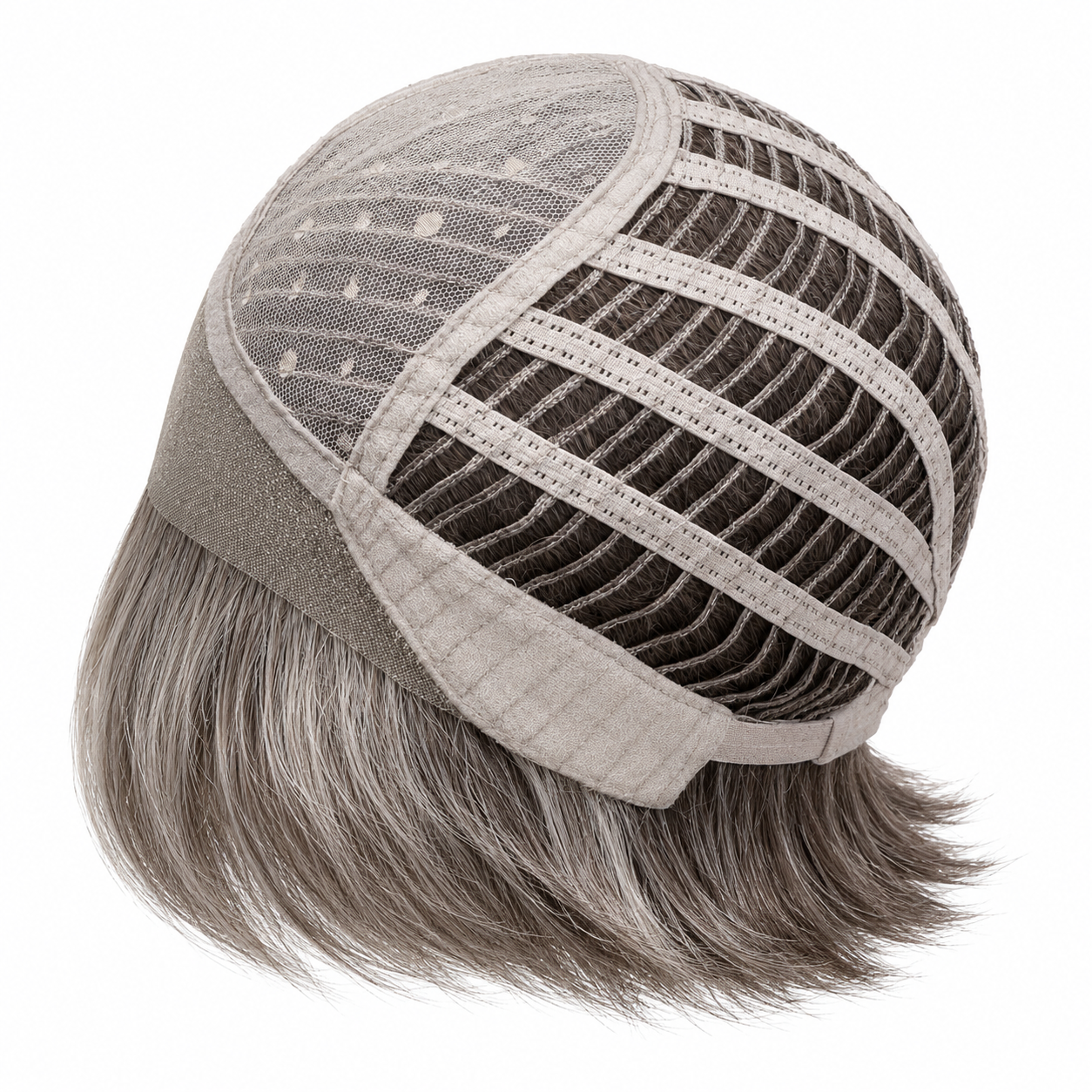 Interior view of Asha synthetic wig showing lace front, mono part, and adjustable cap construction.