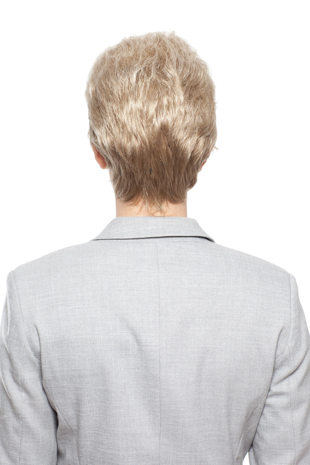 Woman wearing Aubrie synthetic pixie wig by WigPro in color SF23-20-27 wearing a black top against a white background - back view