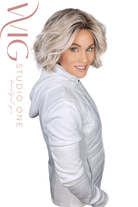 Woman wearing chin-length rooted blonde bob (Austen by Belle Tress in Milkshake Blonde R) side