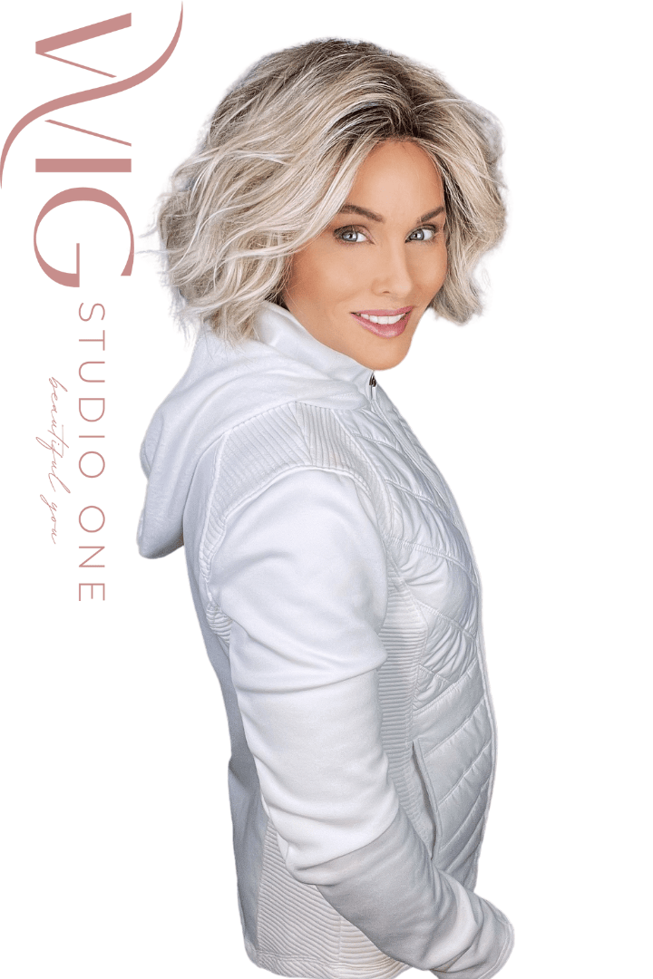 Woman wearing chin-length rooted blonde bob (Austen by Belle Tress in Milkshake Blonde R) side