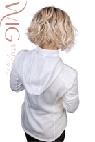Woman wearing chin-length rooted blonde bob (Austen by Belle Tress in Milkshake Blonde R) back