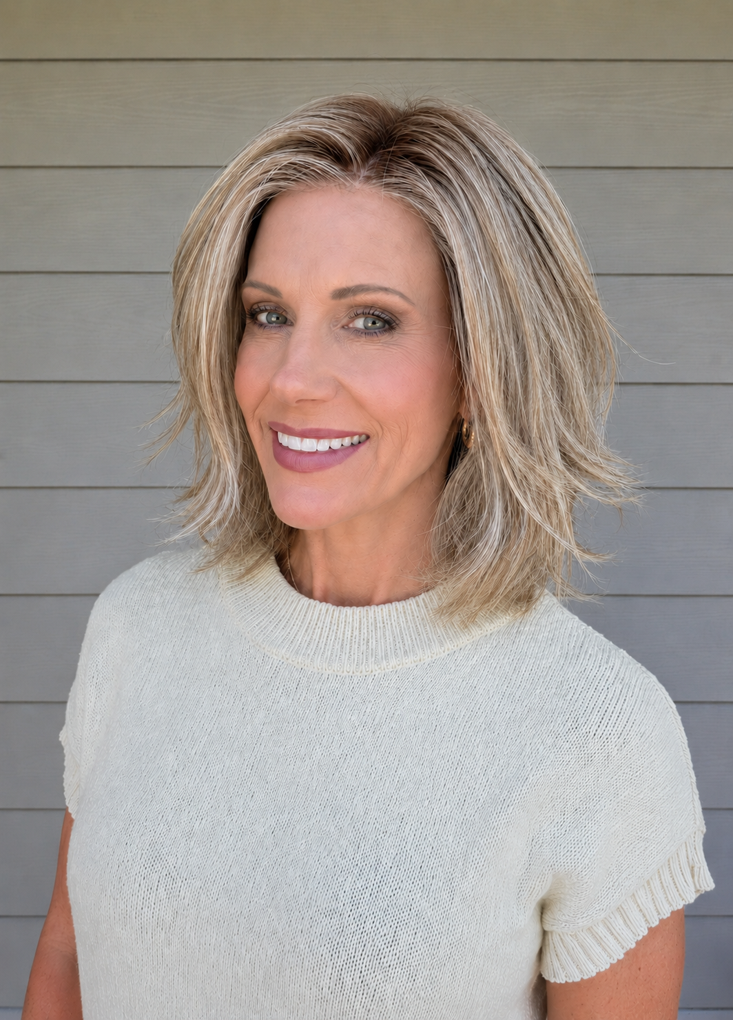Woman with short blonde wavy wig (Rebecca by Belle Tress in color Sparkling Champagne)