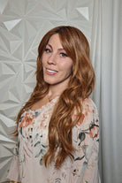 Woman with long wavy red wig (Gaia by Auburn Spice R) side