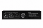 A black rectangular product box shown from the back, featuring white printed instructions, icons, features list, and a website URL on a light gray background.