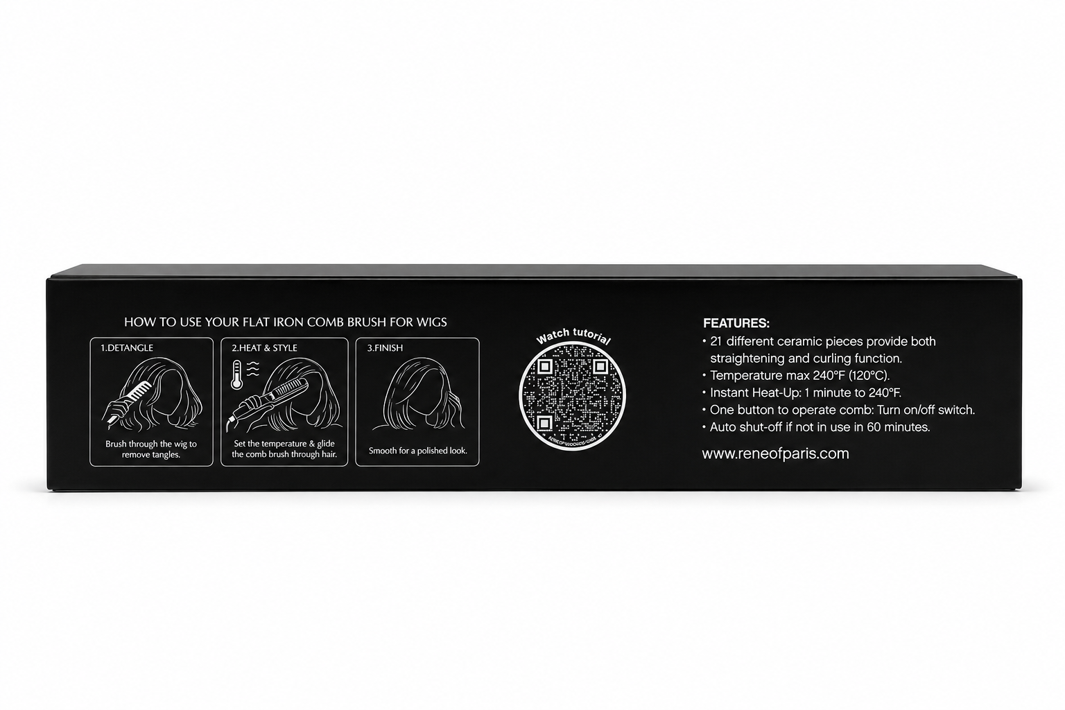 A black rectangular product box shown from the back, featuring white printed instructions, icons, features list, and a website URL on a light gray background.