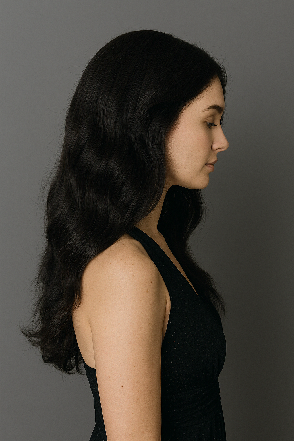 Woman's side profile wearing a black 24 inch wig 