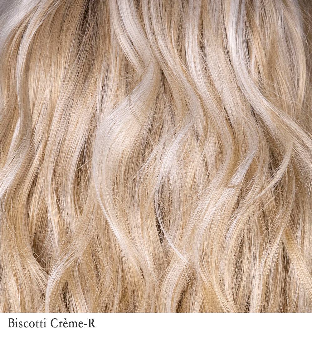 Biscotti Crème Rooted | A soft, dimensional blonde shade that blends warm, golden-beige tones with light, creamy highlights for a sunlit, natural look. The “rooted” hair starts with a combination of medium brown, light brown, and dark blonde, natural-looking roots, before gradually transitioning into the warm and neutral biscotti base and creamy blonde accents. 