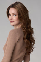 Woman wearing Brianna Hand Tied Wig by Envy in Cinnamon Toffee | Left Side