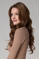 Woman wearing Brianna Hand Tied Wig by Envy in Cinnamon Toffee | Left Side