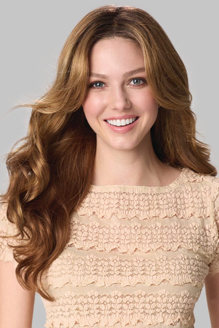 Woman wearing Brianna Hand Tied Wig by Envy in Golden Nutmeg | Front