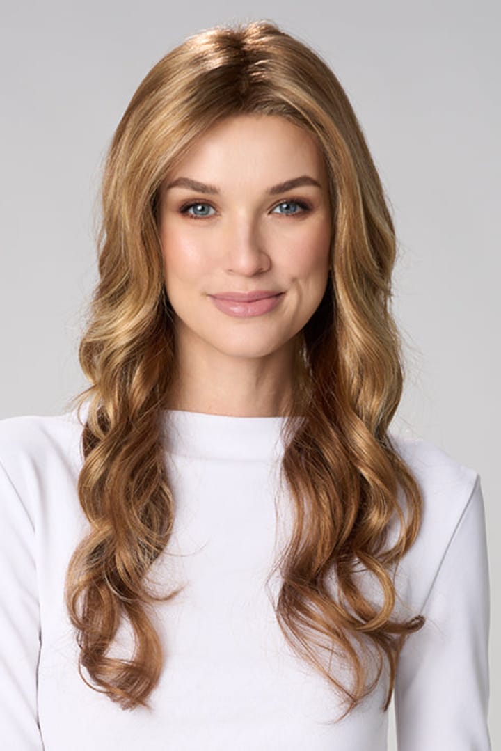 Woman wearing Brianna Hand Tied Wig by Envy in Golden Nutmeg | Front