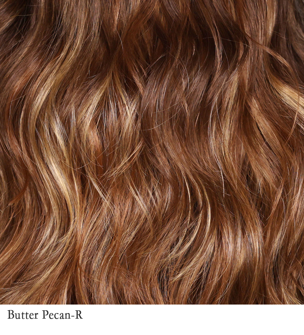 Butter Pecan-R | A warm, inviting blonde blend with a golden-beige base swirled with soft, buttery highlights and light caramel lowlights. The “rooted” effect adds a slightly deeper, natural-looking root with a combination of medium and dark brown and blonde—creating depth, dimension, and a sun-kissed appearance. The mix of creamy warmth and subtle contrast gives it a rich yet natural look, reminiscent of the dessert it’s named after. 