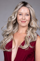 Woman is wearing Carolina wig by Belle Tress in Butterbeer R | Front