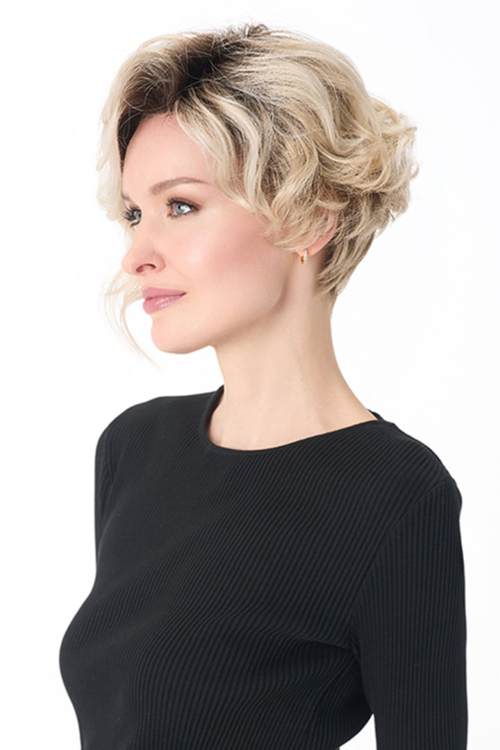 Carrisa by Envy short blonde curly synthetic wig with a lace front and natural-looking monofilament part.