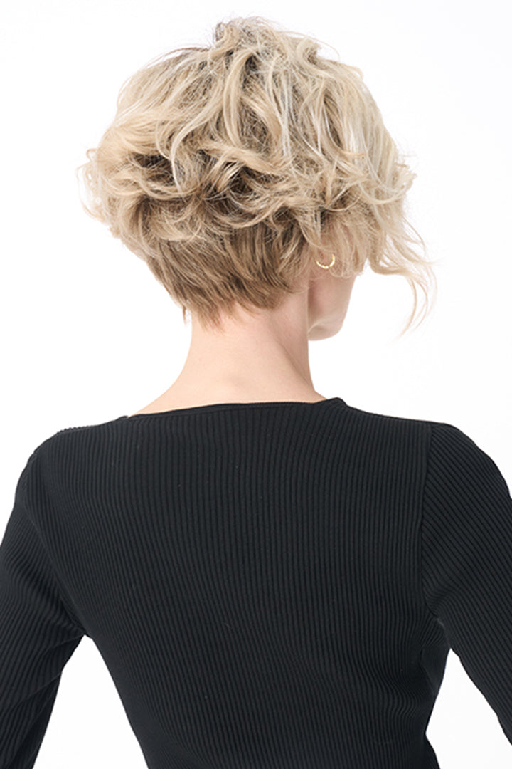 Back view of a blonde, short curly synthetic wig with tousled volume and a layered, textured cut.