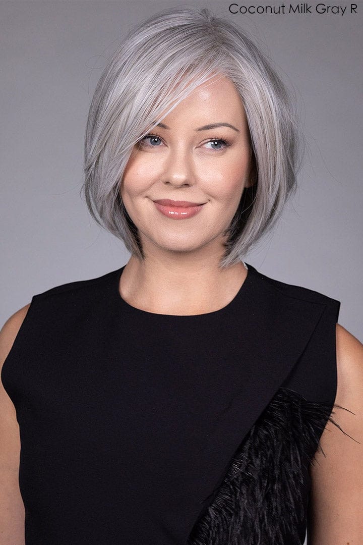 Model wearing Dion wig by Belle Tress in Coconut Milk Gray-R | Front