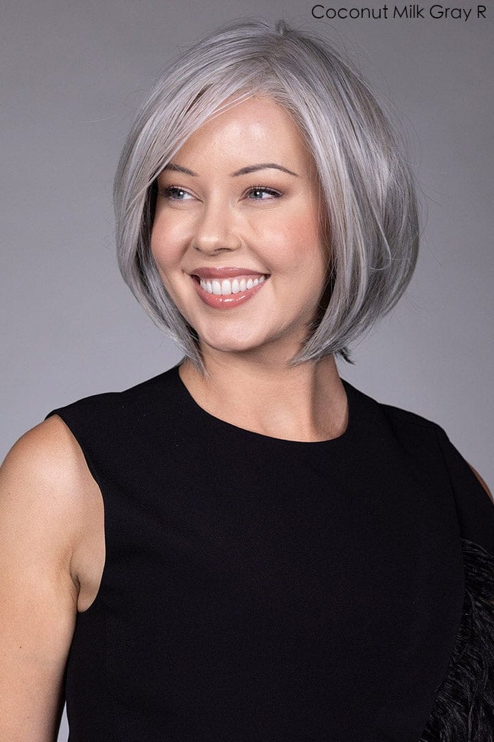 Model wearing Dion wig by Belle Tress in Coconut Milk Gray-R | Side