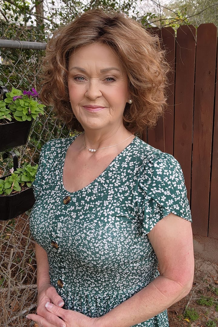 Woman wearing curly bob wig (Loop by Ellen Wille in color Tobacco R)