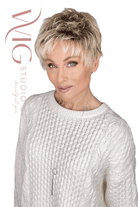 Woman wearing textured sandy blonde pixie (Chat by Ellen Wille in Sandy Blonde R)