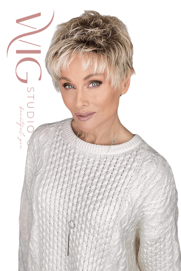 Woman wearing textured sandy blonde pixie (Chat by Ellen Wille in Sandy Blonde R)