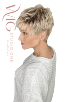 Woman wearing textured sandy blonde pixie (Chat by Ellen Wille in Sandy Blonde R)