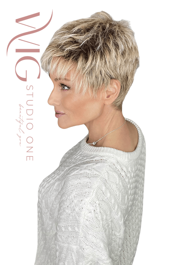 Woman wearing textured sandy blonde pixie (Chat by Ellen Wille in Sandy Blonde R)