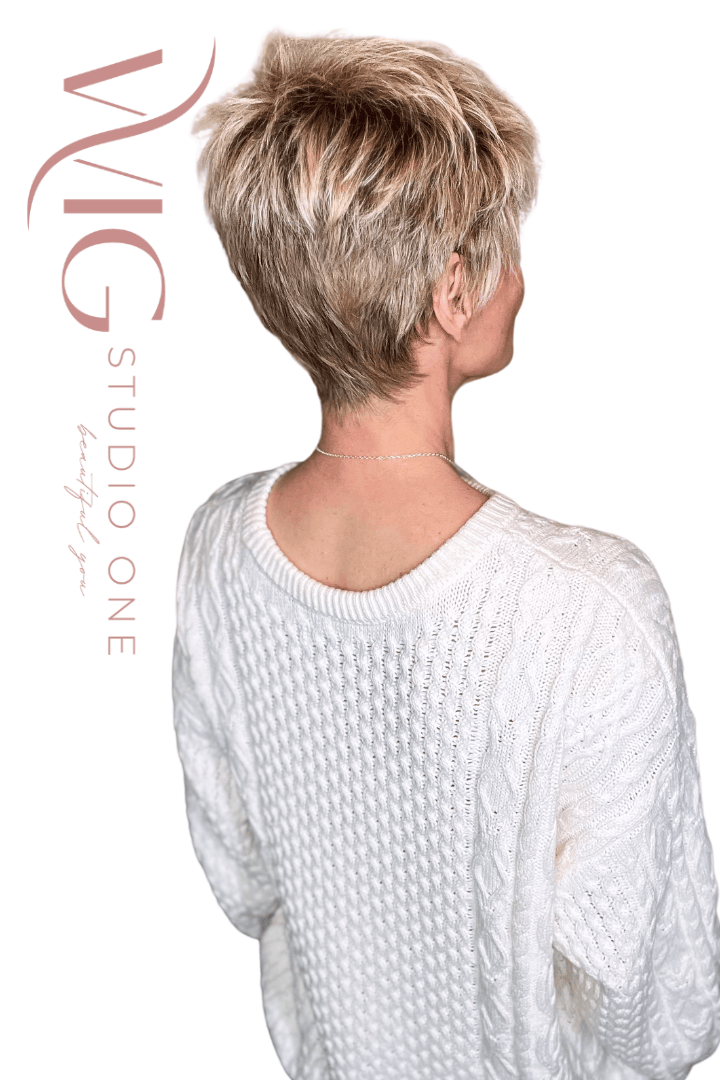 Woman wearing textured sandy blonde pixie (Chat by Ellen Wille in Sandy Blonde R)