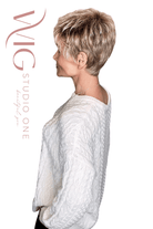 Woman wearing textured sandy blonde pixie (Chat by Ellen Wille in Sandy Blonde R)