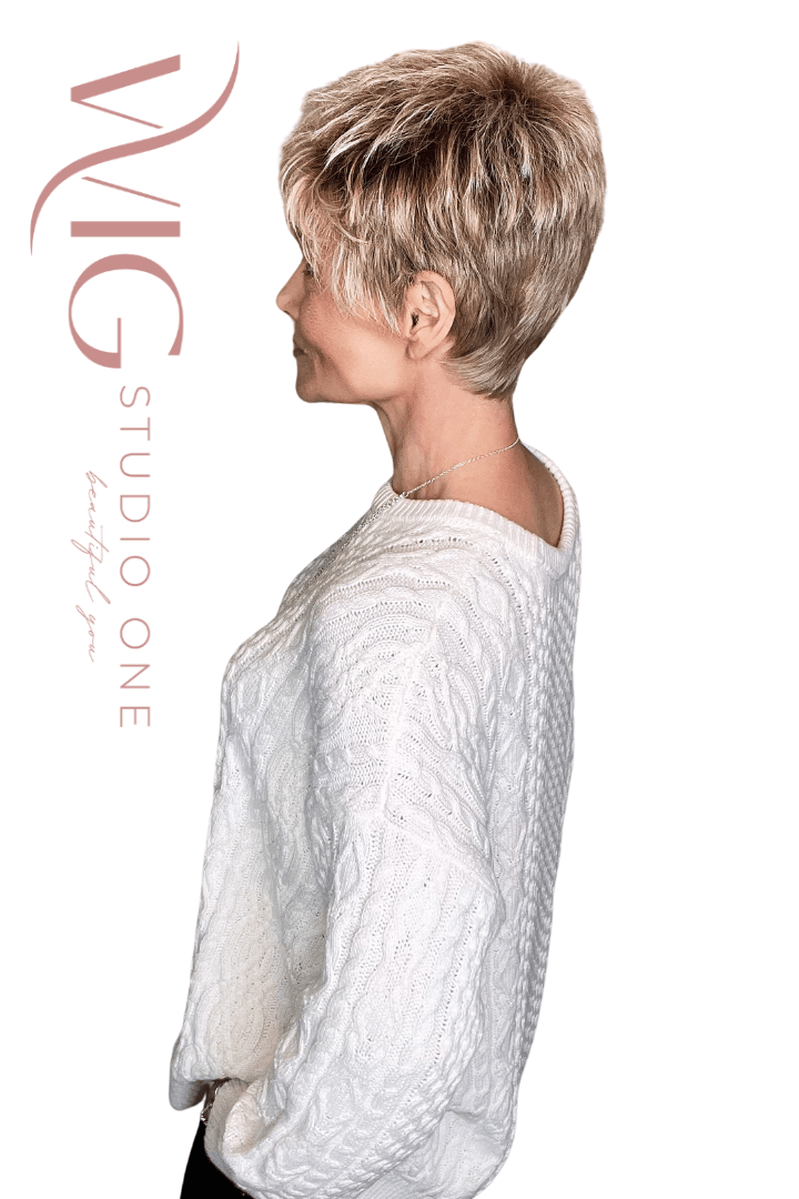 Woman wearing textured sandy blonde pixie (Chat by Ellen Wille in Sandy Blonde R)