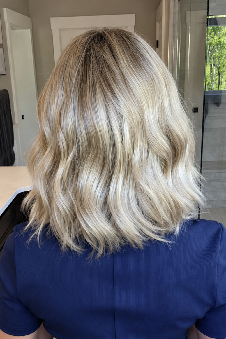 Woman wearing blonde wavy lob (Charlotte Hand-Tied by Envy in Prosecco).