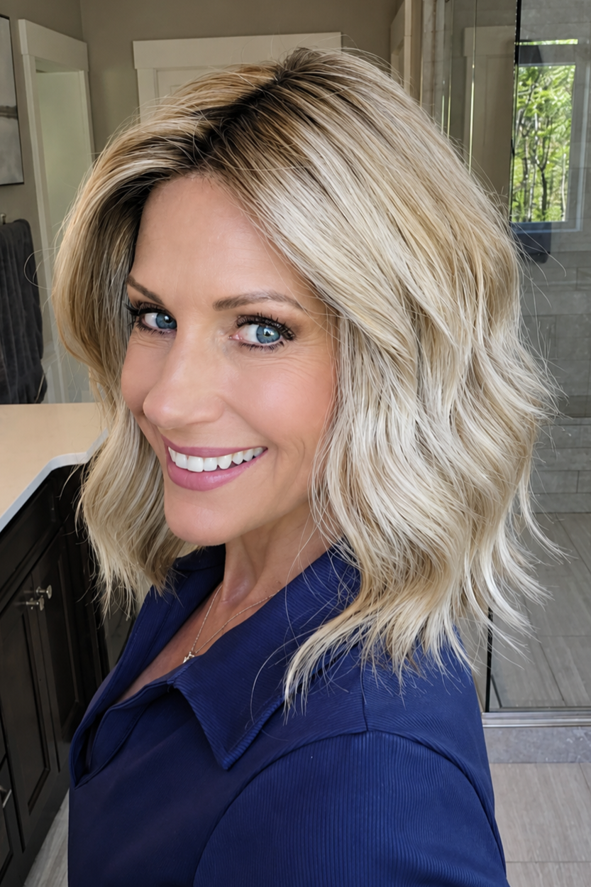 Woman wearing blonde wavy lob (Charlotte Hand-Tied by Envy in Prosecco).