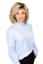 Woman wearing layered shoulder length rooted blonde wig (Hollis by Estetica in RH1488RT8)