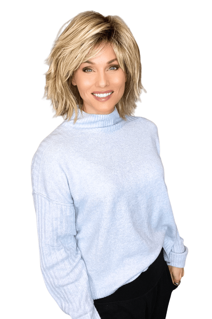 Woman wearing layered shoulder length rooted blonde wig (Hollis by Estetica in RH1488RT8)