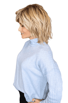 Woman wearing layered shoulder length rooted blonde wig (Hollis by Estetica in RH1488RT8)