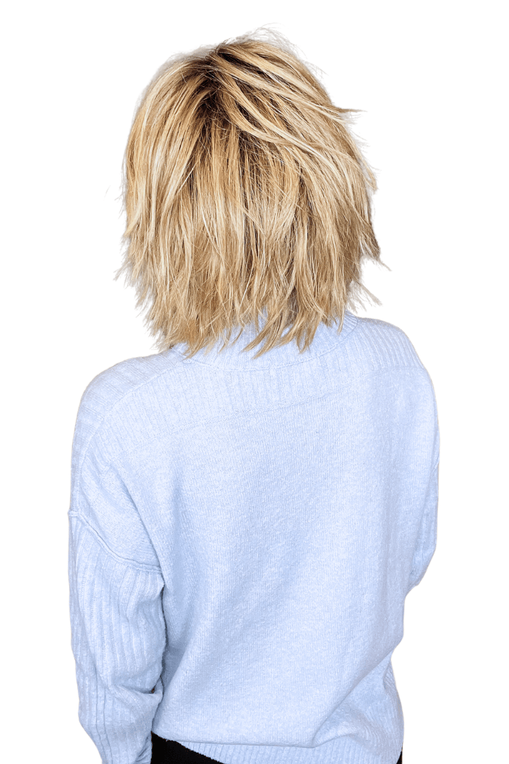 Woman wearing layered shoulder length rooted blonde wig (Hollis by Estetica in RH1488RT8)