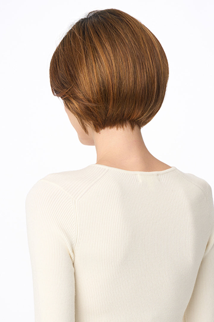 Back view of the Eve by Envy synthetic short brown bob wig with a sleek, polished silhouette.