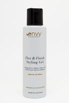 White 4 oz bottle of Envy Flex & Finish Styling Gel with a black cap, featuring gold and black text on a clean white background.