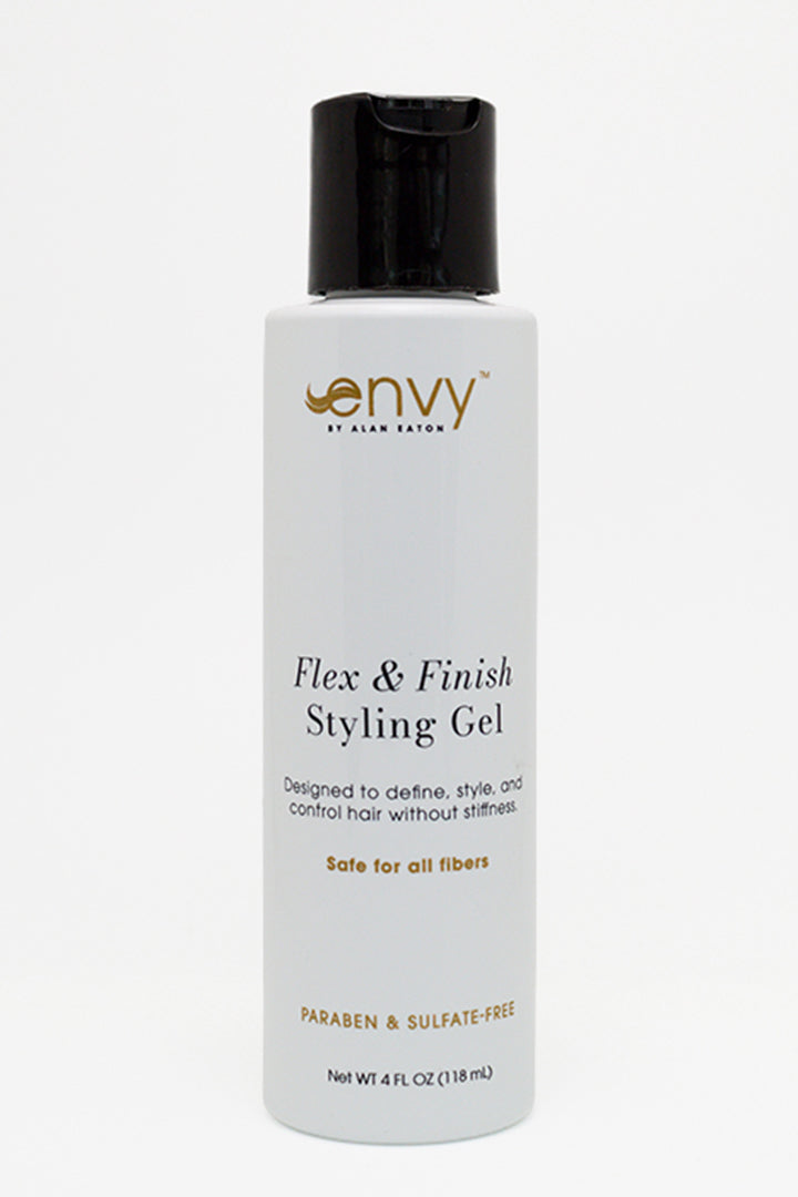 White 4 oz bottle of Envy Flex & Finish Styling Gel with a black cap, featuring gold and black text on a clean white background.