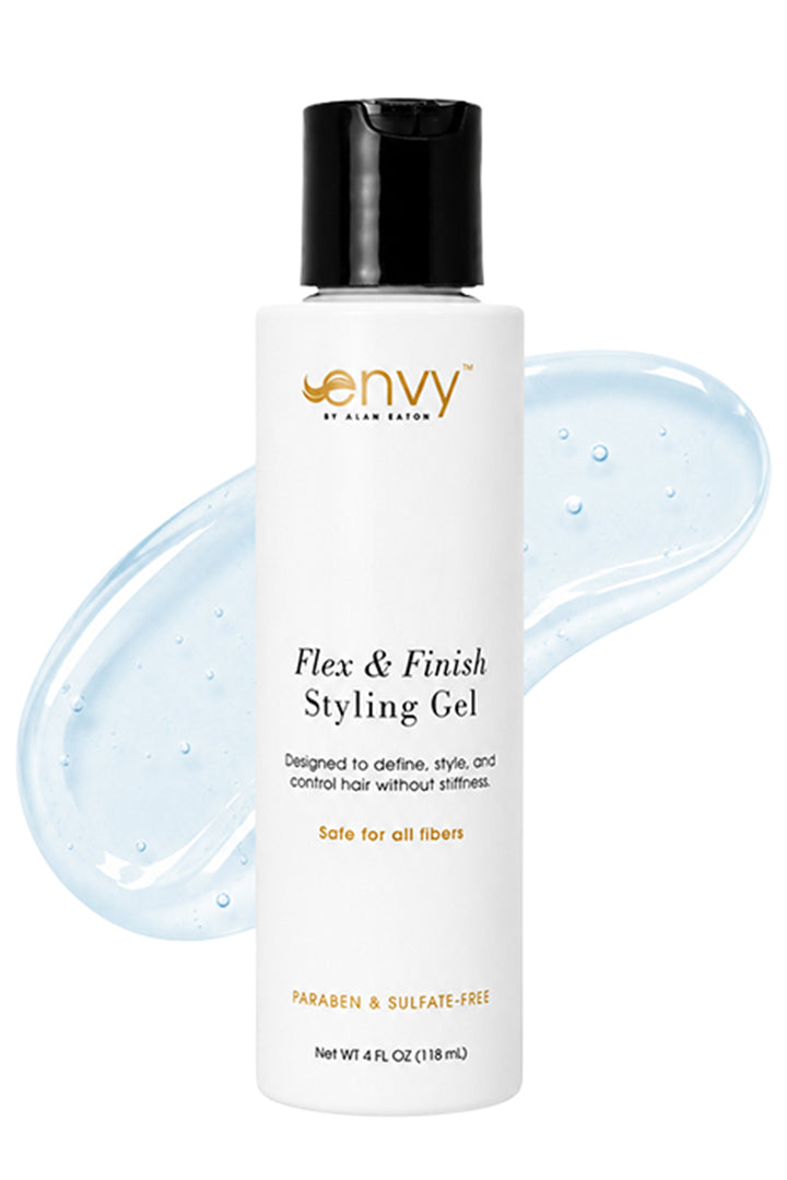 Envy Flex & Finish Styling Gel bottle with a black cap and a clear, light blue gel swatch behind it.