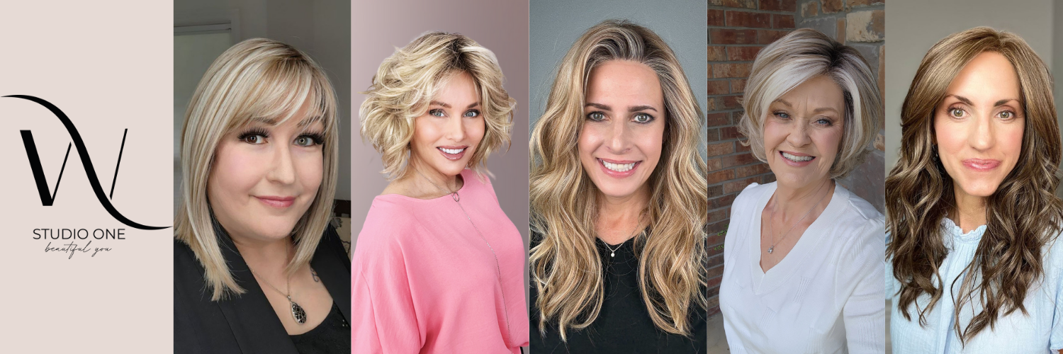 Five headshots of a woman with different hairstyles and outfits, featuring the W Studio One logo.