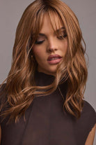 Woman wearing Franky wig by Rene of Paris in Mocha Mouse | Front close up looking down