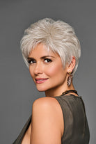Boss Energy by Gabor short, layered silver-blonde synthetic pixie wig with a natural lace front.