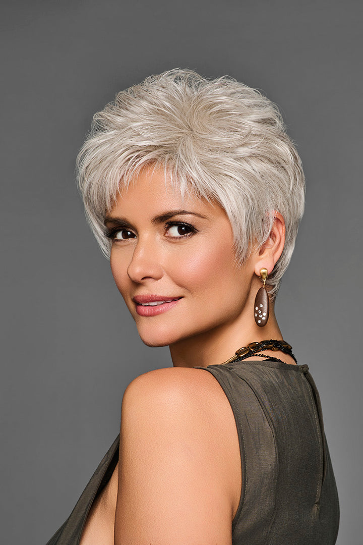 Boss Energy by Gabor short, layered silver-blonde synthetic pixie wig with a natural lace front.
