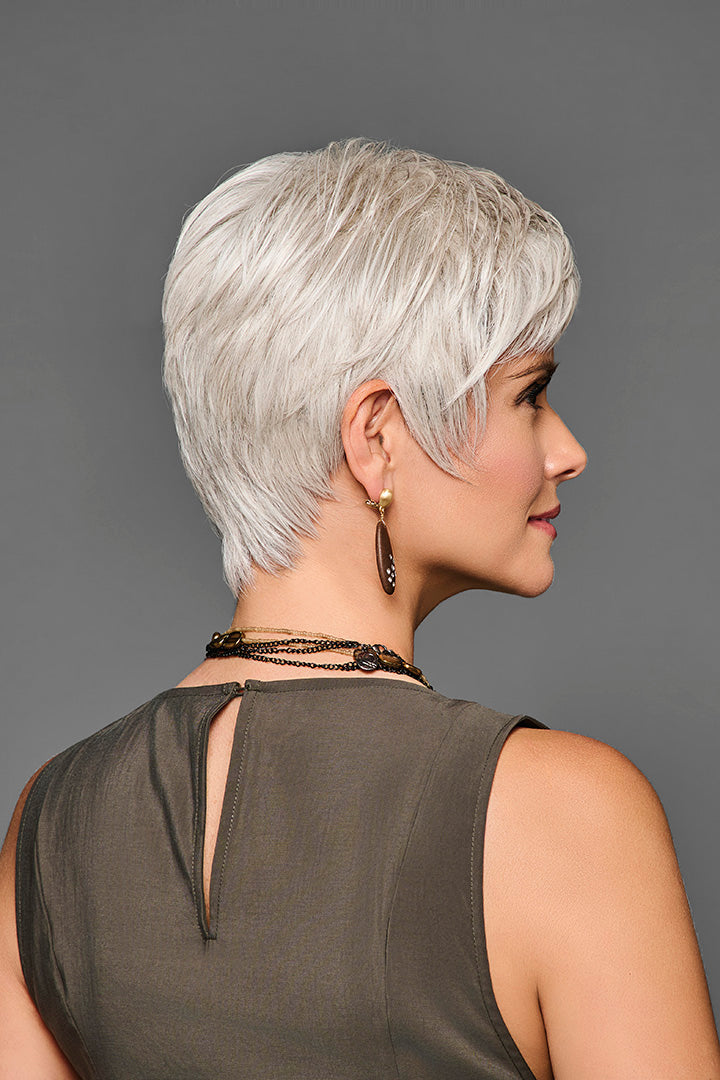Side view of a short, layered silver-blonde pixie synthetic lace front wig with a textured, modern silhouette.