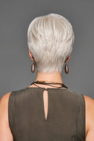 Back view of Boss Energy by Gabor, a short, layered, light silver pixie synthetic wig with a tapered neckline.