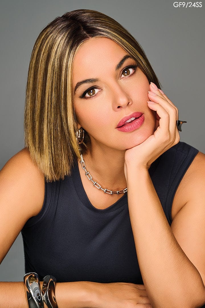 Model wearing Cutting Edge wig by Gabor in GF9/24SS | Front close up chin propped on hand