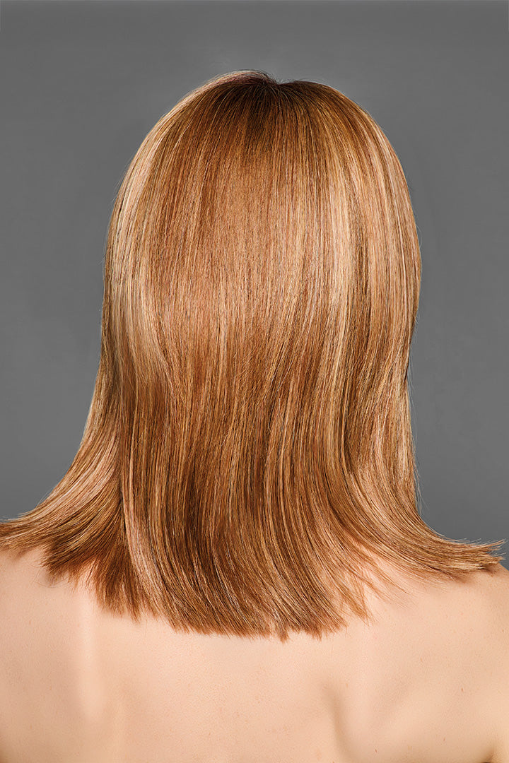 Back view of a shoulder-length synthetic wig with tapered layers in a multi-tonal golden brown highlighted color.