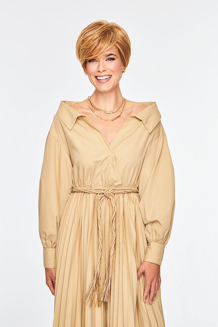 Woman wearing Devotion wig by Gabor in Light Red | Front Full Body Smiling
